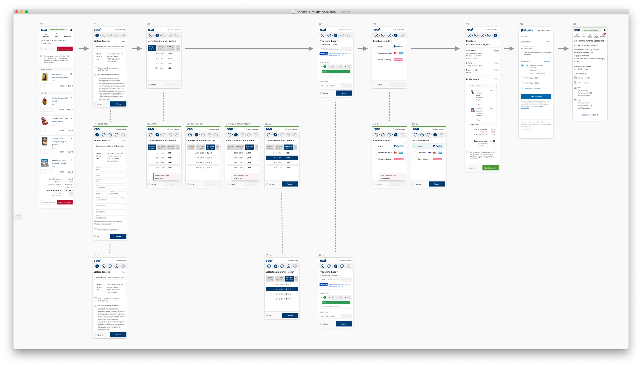 Detailed wireframe user flow of the redesigned multi-step checkout in Sketch.