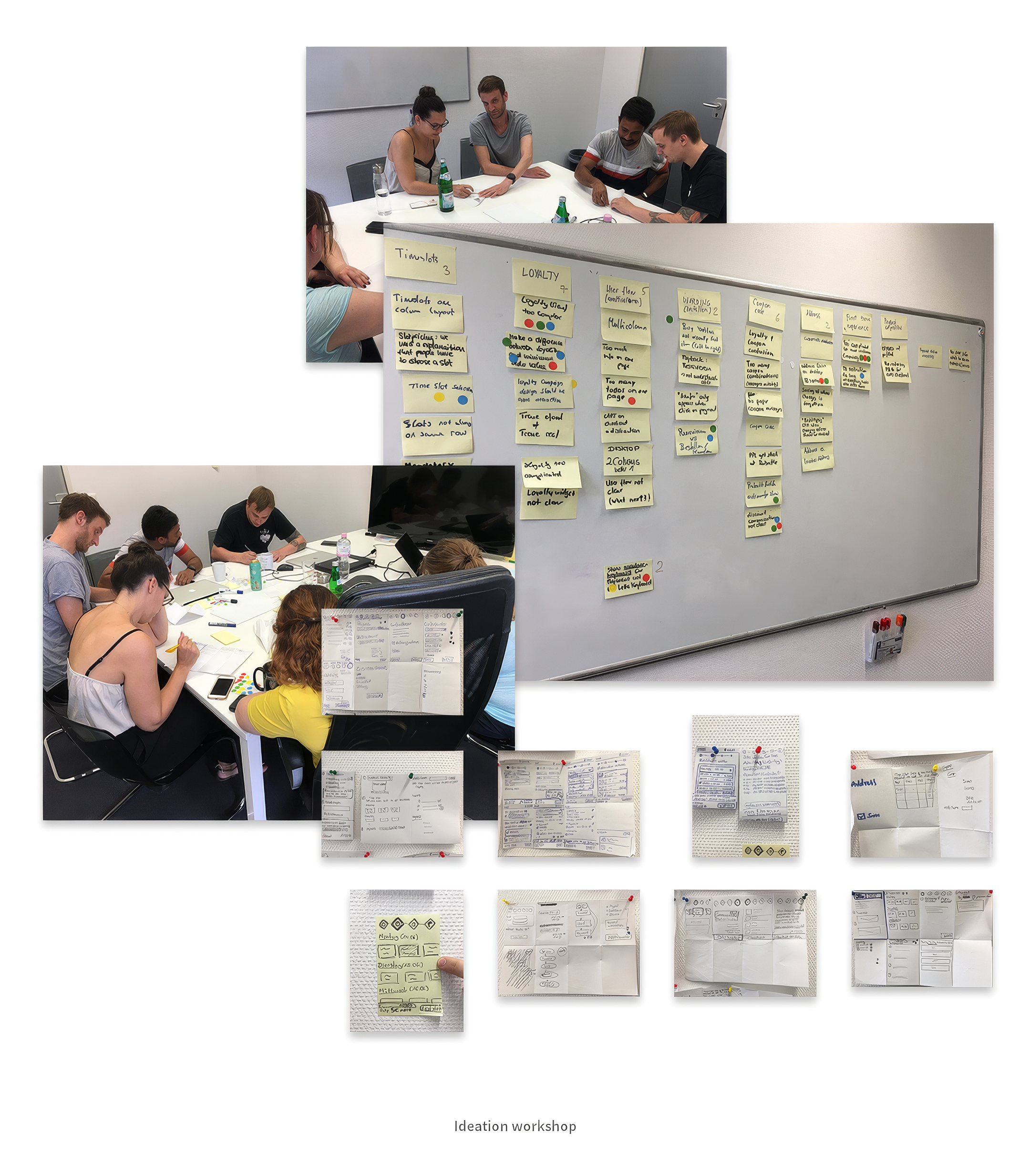 Design sprint workshop — team ideation, whiteboard with prioritised notes, Crazy 8s sketches.