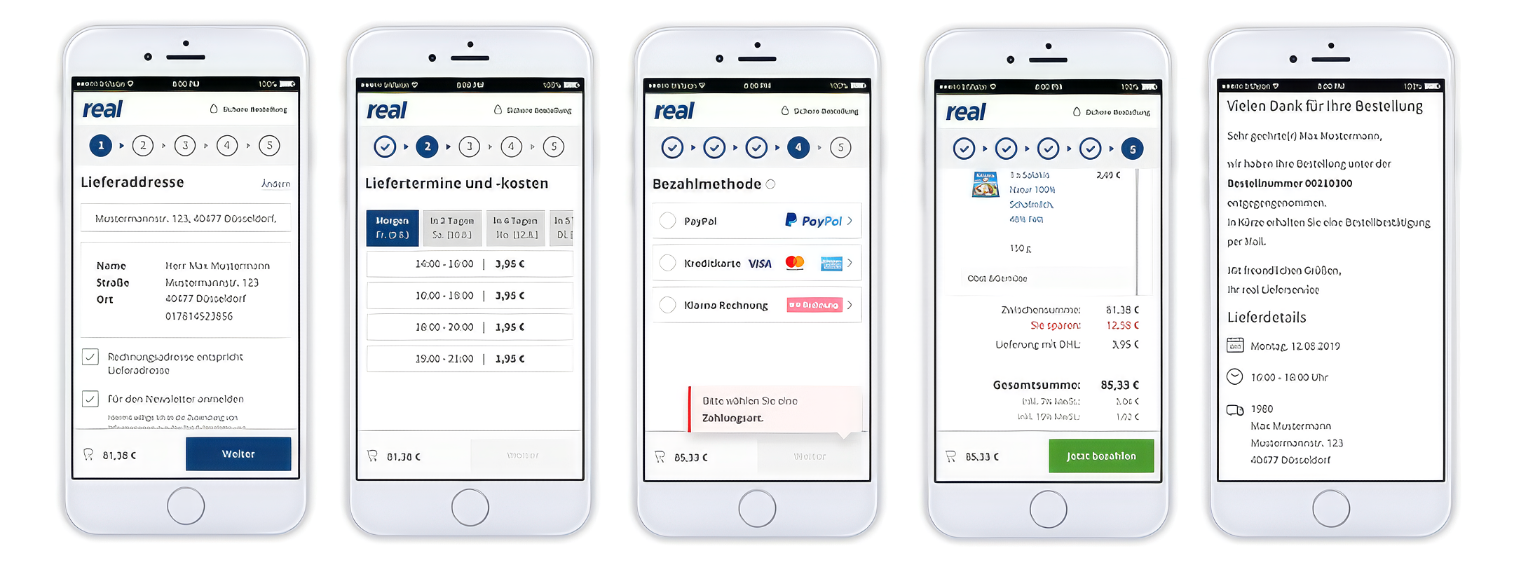 Redesigned multi-step grocery checkout — five screens: address, timeslot, payment, order summary, confirmation.