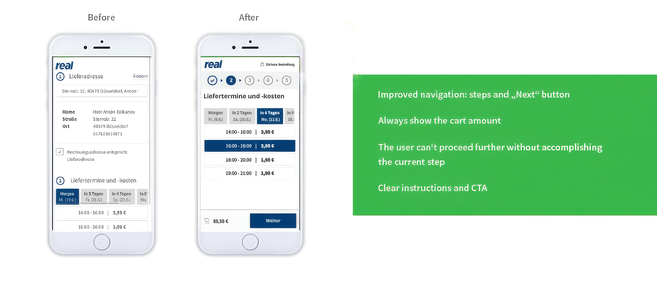 Before and after — single-page checkout versus multi-step flow with visible timeslot selection and persistent cart total.