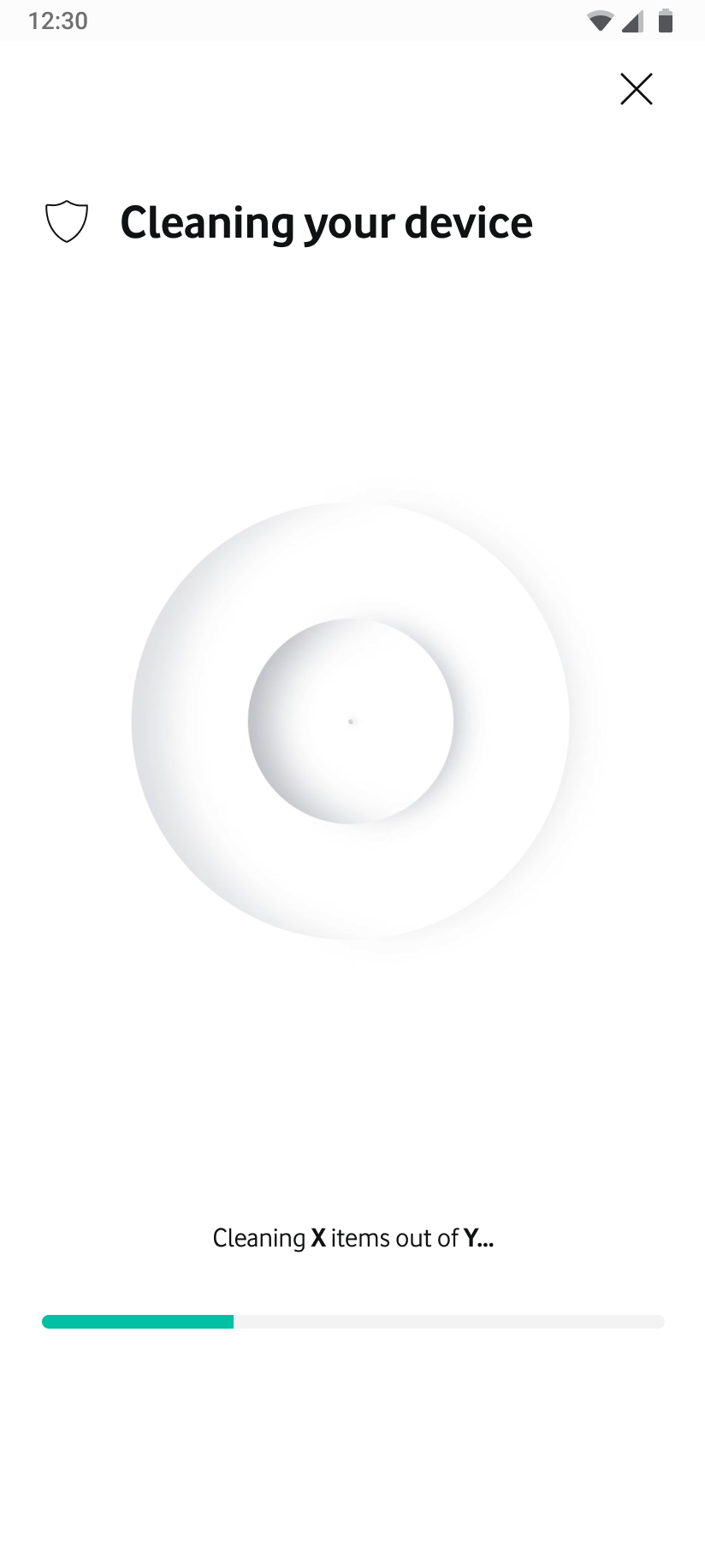 Cleaning Tool screen — active cleaning with progress copy.
