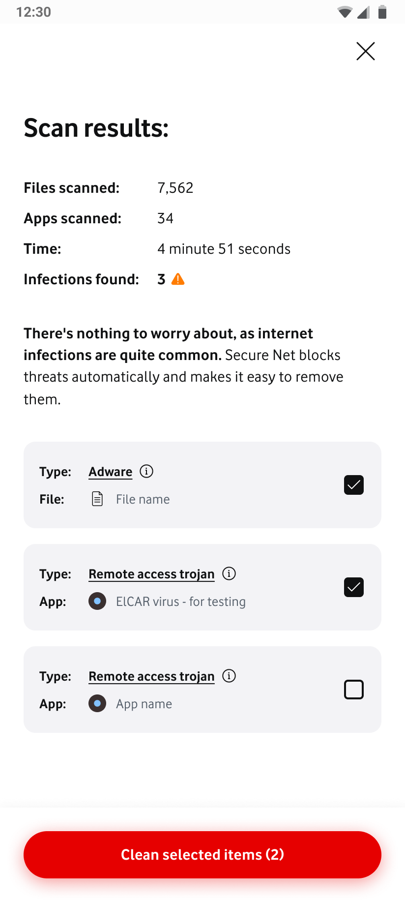 Scan results listing infections with Clean selected items control.