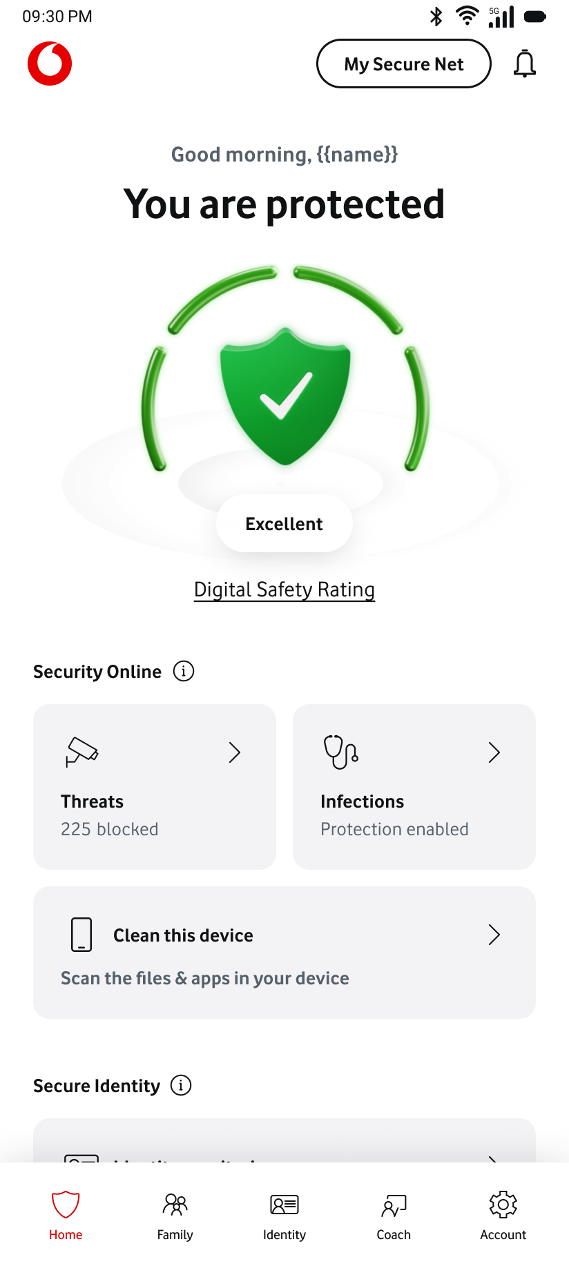 Secure Net Android dashboard showing Cleaning Tool among security modules.